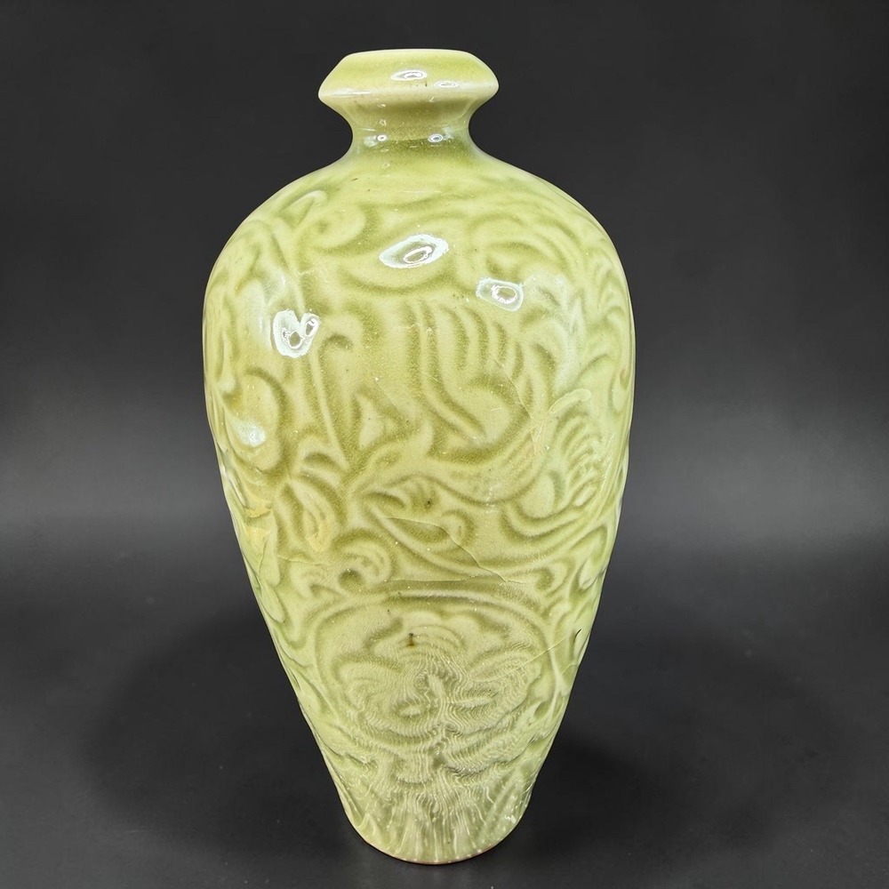 Vintage Celadon Green Embossed Floral Ceramic Bud Vase 6 Inch Sage Green Scroll